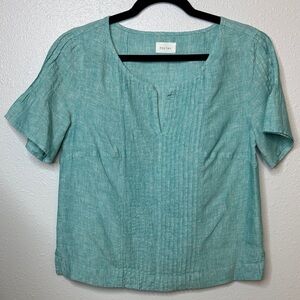 Poetry Pin Tuck Yarn Dyed Linen Soft Bay Green Short Sleeve‎ Top